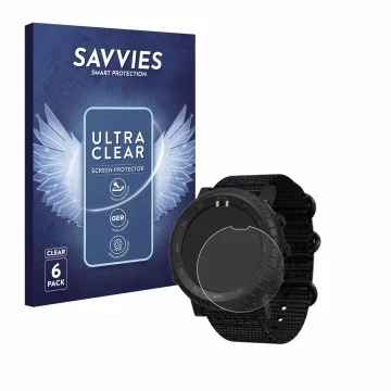 Front side of a product packaging with the brand logo Savvies. Next to it is the device Suunto Core Alpha shown with the corre