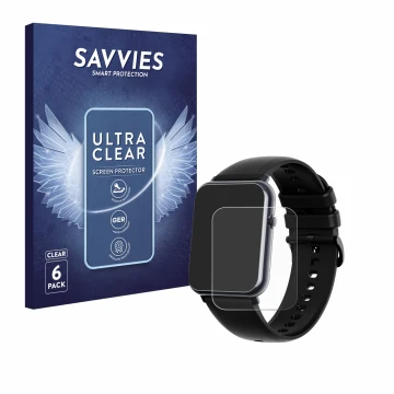 Front side of a product packaging with the brand logo Savvies. Next to it is the device Mutoy Smartwatch 1.69