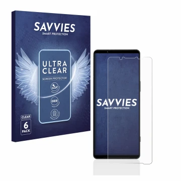 Front side of a product packaging with the brand logo Savvies. Next to it is the device Sony Xperia 1 V shown with the corresp