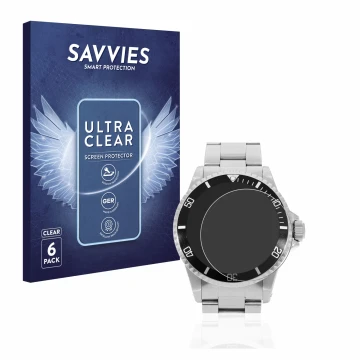 Front side of a product packaging with the brand logo Savvies. Next to it is the device Rolex Submariner (no date) shown with 