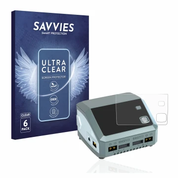 Front side of a product packaging with the brand logo Savvies. Next to it is the device SkyRc D200 neo shown with the correspo