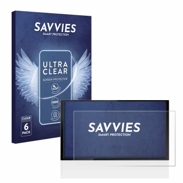 Front side of a product packaging with the brand logo Savvies. Next to it is the device Kenwood DMX 7722DABS shown with the co