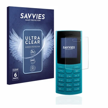 Front side of a product packaging with the brand logo Savvies. Next to it is the device Nokia 105 4G (2023) shown with the cor