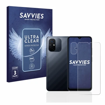Front side of a product packaging with the brand logo Savvies. Next to it is the device Xiaomi Redmi 12C (Front+Camera) shown 