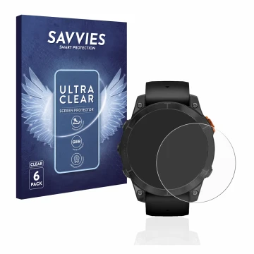 Front side of a product packaging with the brand logo Savvies. Next to it is the device Garmin Fenix 7 Pro Solar (47 mm) shown