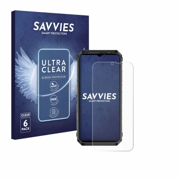 Front side of a product packaging with the brand logo Savvies. Next to it is the device Ulefone Power Armor 19T shown with the