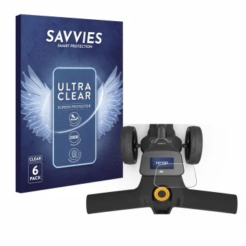 Front side of a product packaging with the brand logo Savvies. Next to it is the device PowaKaddy FX3 shown with the correspon