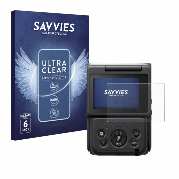 Front side of a product packaging with the brand logo Savvies. Next to it is the device Canon PowerShot V10 Vlog Camera shown 