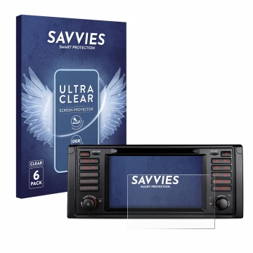 Front side of a product packaging with the brand logo Savvies. Next to it is the device Xtrons IQ7039B shown with the correspo