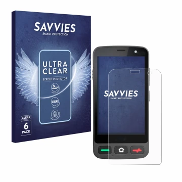 Front side of a product packaging with the brand logo Savvies. Next to it is the device Brondi Amico Pocket shown with the cor