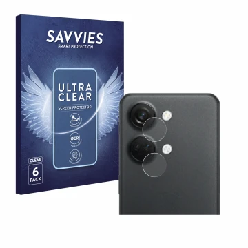 Front side of a product packaging with the brand logo Savvies. Next to it is the device OnePlus Nord 3 5G (ONLY Camera Lens) s