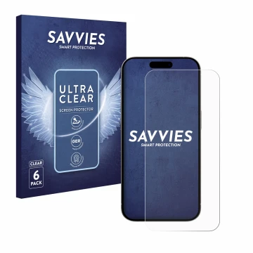 Front side of a product packaging with the brand logo Savvies. Next to it is the device Apple iPhone 15 Pro shown with the cor