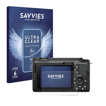 Front side of a product packaging with the brand logo Savvies. Next to it is the device Sony Alpha ZV-E1 shown with the corres