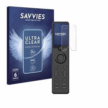 Front side of a product packaging with the brand logo Savvies. Next to it is the device Sofabaton X1 shown with the correspond