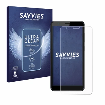 Front side of a product packaging with the brand logo Savvies. Next to it is the device ZTE Blade A31 shown with the correspon