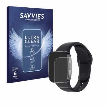 Front side of a product packaging with the brand logo Savvies. Next to it is the device Xiaomi Redmi Watch 3 shown with the co