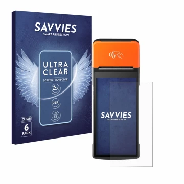 Front side of a product packaging with the brand logo Savvies. Next to it is the device Sunmi V2 Pro shown with the correspond