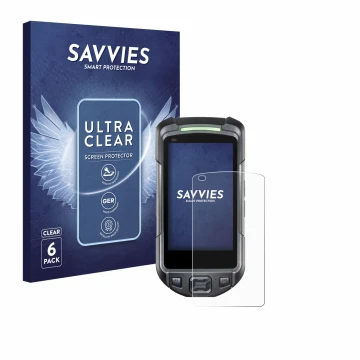 Front side of a product packaging with the brand logo Savvies. Next to it is the device Keyence BT-A700 shown with the corresp