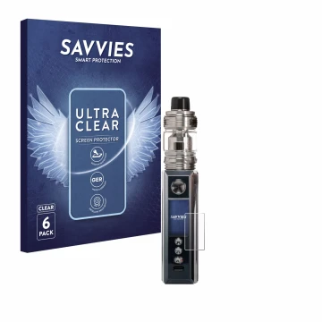 Front side of a product packaging with the brand logo Savvies. Next to it is the device Voopoo Drag M100S shown with the corre