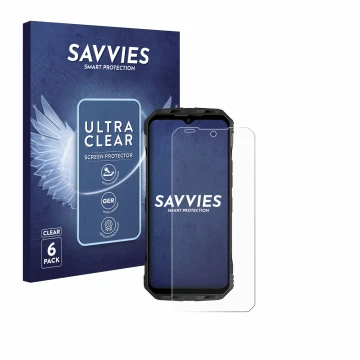 Front side of a product packaging with the brand logo Savvies. Next to it is the device Doogee V30T shown with the correspondi
