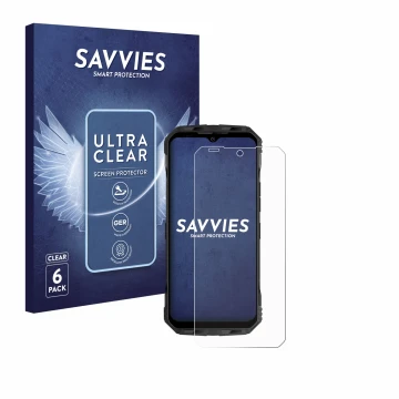 Front side of a product packaging with the brand logo Savvies. Next to it is the device Doogee V Max shown with the correspond