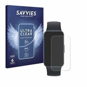 Front side of a product packaging with the brand logo Savvies. Next to it is the device Huawei Band 8 shown with the correspon