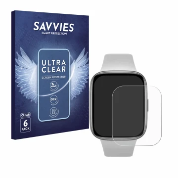 Front side of a product packaging with the brand logo Savvies. Next to it is the device Xiaomi Redmi Watch 3 Active shown with