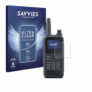 Front side of a product packaging with the brand logo Savvies. Next to it is the device Kenwood TH-D75E D-Star shown with the 