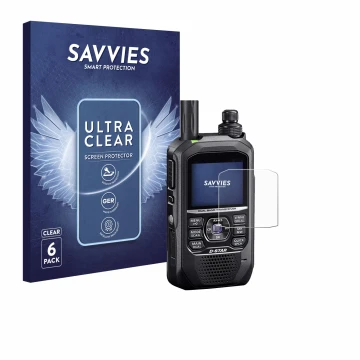 Front side of a product packaging with the brand logo Savvies. Next to it is the device Icom ID-50E shown with the correspondi