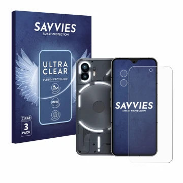 Front side of a product packaging with the brand logo Savvies. Next to it is the device Nothing Phone (2) (Front+Camera) shown