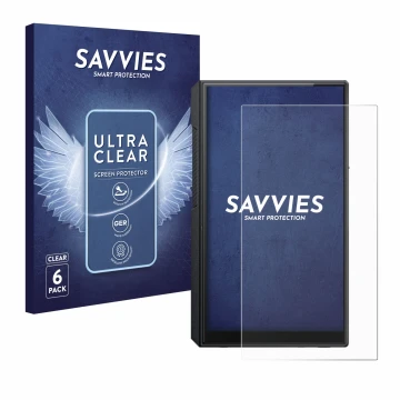 Front side of a product packaging with the brand logo Savvies. Next to it is the device FiiO M11s shown with the corresponding