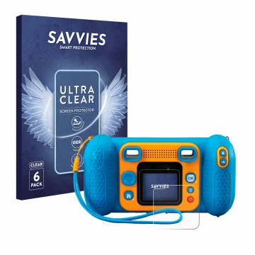 Front side of a product packaging with the brand logo Savvies. Next to it is the device Vtech Kidizoom Kid 4 shown with the co