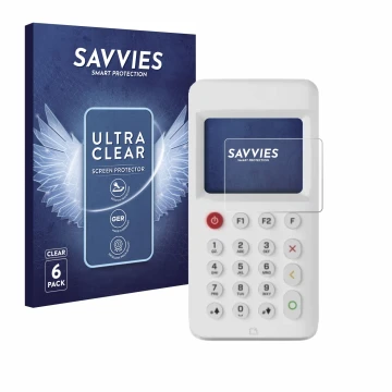 Front side of a product packaging with the brand logo Savvies. Next to it is the device myPOS Go 2 shown with the correspondin