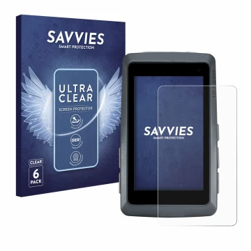 Front side of a product packaging with the brand logo Savvies. Next to it is the device Sigma ROX 12.1 EVO shown with the corr