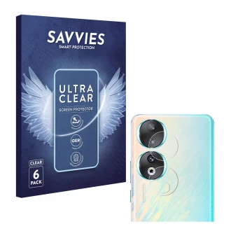 Front side of a product packaging with the brand logo Savvies. Next to it is the device Honor 90 (ONLY Camera Lens) shown with