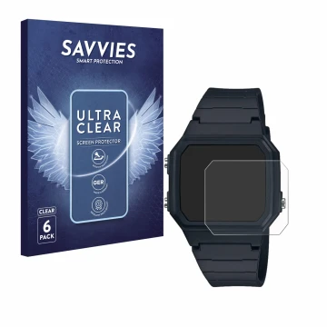 Front side of a product packaging with the brand logo Savvies. Next to it is the device Casio W-217H-1AVCF shown with the corr