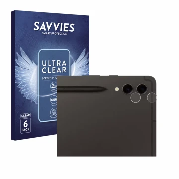 Front side of a product packaging with the brand logo Savvies. Next to it is the device Samsung Galaxy Tab S9 Plus WiFi (ONLY 