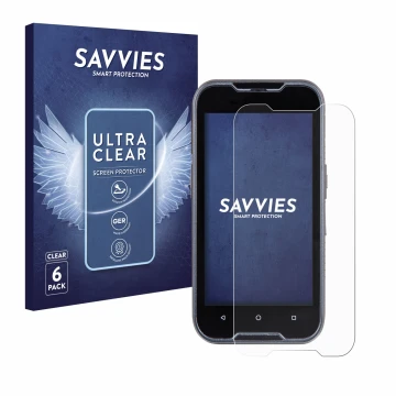 Front side of a product packaging with the brand logo Savvies. Next to it is the device Datalogic Memor 11 shown with the corr