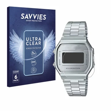 Front side of a product packaging with the brand logo Savvies. Next to it is the device Casio A168WEM-7EF shown with the corre