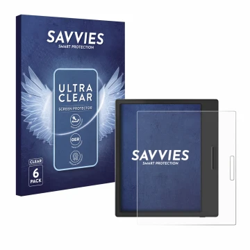 Front side of a product packaging with the brand logo Savvies. Next to it is the device Boox Page shown with the corresponding