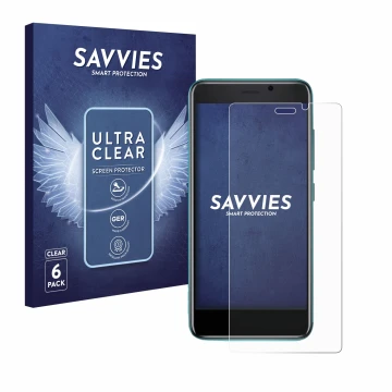 Front side of a product packaging with the brand logo Savvies. Next to it is the device Cubot J 20 shown with the correspondin