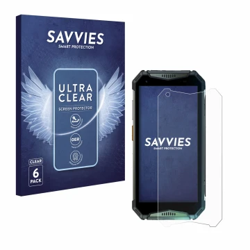 Front side of a product packaging with the brand logo Savvies. Next to it is the device Ulefone Armor 20WT shown with the corr
