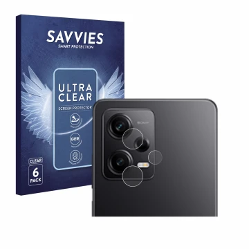 Front side of a product packaging with the brand logo Savvies. Next to it is the device Xiaomi Redmi Note 12 Pro 5G (ONLY Came