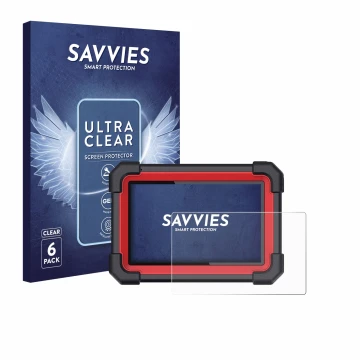 Front side of a product packaging with the brand logo Savvies. Next to it is the device Launch X-431 CRP 919E BT shown with th