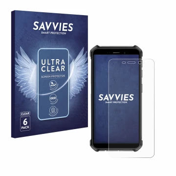 Front side of a product packaging with the brand logo Savvies. Next to it is the device Ulefone Armor X12 Pro shown with the c
