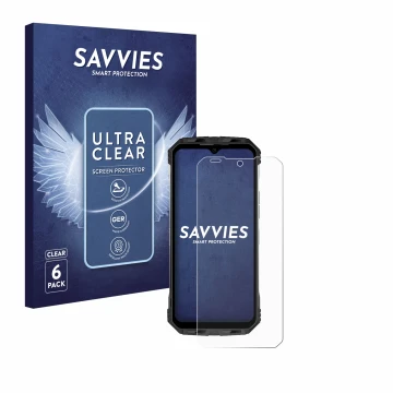 Front side of a product packaging with the brand logo Savvies. Next to it is the device Doogee S110 shown with the correspondi