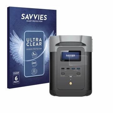Front side of a product packaging with the brand logo Savvies. Next to it is the device EcoFlow DELTA 2 shown with the corresp