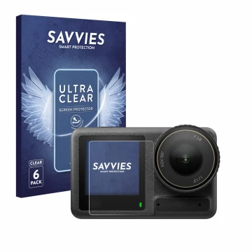 Front side of a product packaging with the brand logo Savvies. Next to it is the device DJI Osmo Action 4 (Front display) show