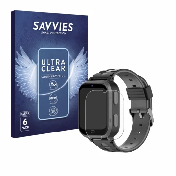 Front side of a product packaging with the brand logo Savvies. Next to it is the device Beafon Kids Watch SW2 shown with the c