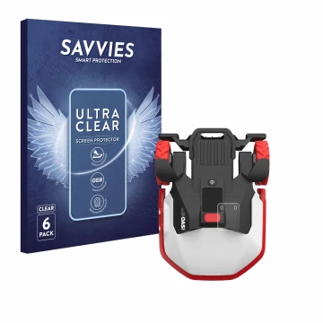Front side of a product packaging with the brand logo Savvies. Next to it is the device Kress Mission Mega 3000 KR133E shown w
